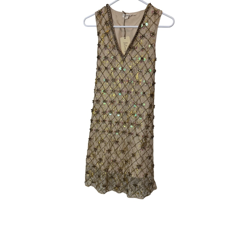Letmebe Dress Womens XS Gold Beaded Sequin Lace Shift Mini Party‎ Cocktail 20s